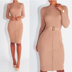 Hera Collection Tan Long Sleeve Bodycon Mini Dress with Belt